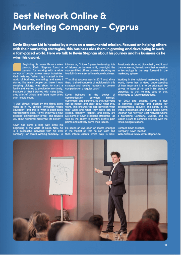 Kevin Stephan - Ausgezeichnet durch EU Business News. Quelle: https://www.eubusinessnews.com/issues/eu-enterprise-awards-2022/16/