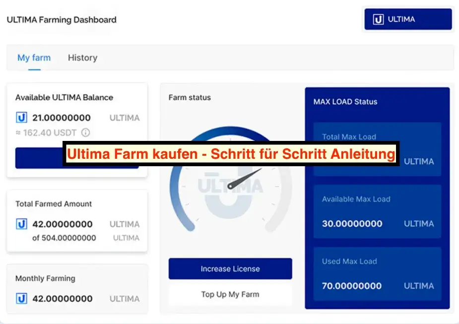 Ultima Farm kaufen . Titelbild, es wird das Dashboard gezeigt